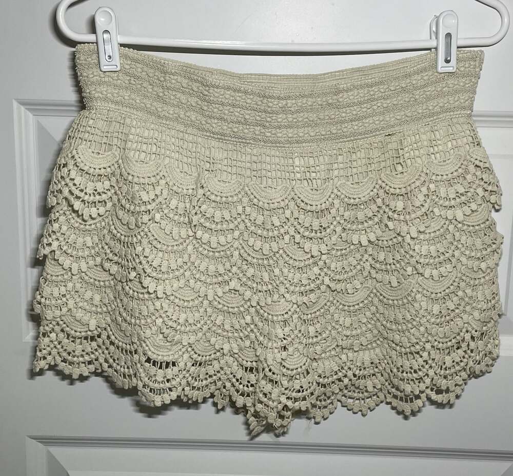 Harmony + Havoc Womens L Crochet Lace Short Shorts Ivory Boho Lined Cottage Indi